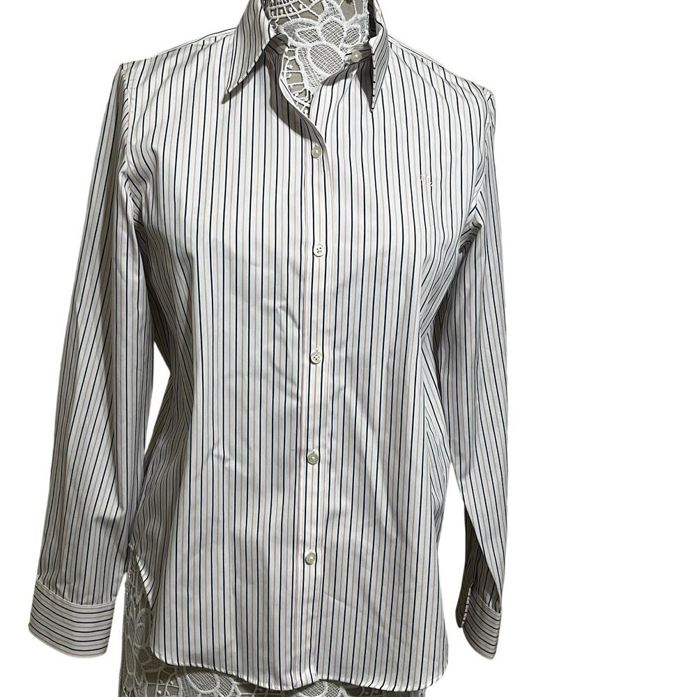 Lauren Ralph Lauren Pink Stripe Button Up Clean Girl Preppy- 100% Cotton-Medium